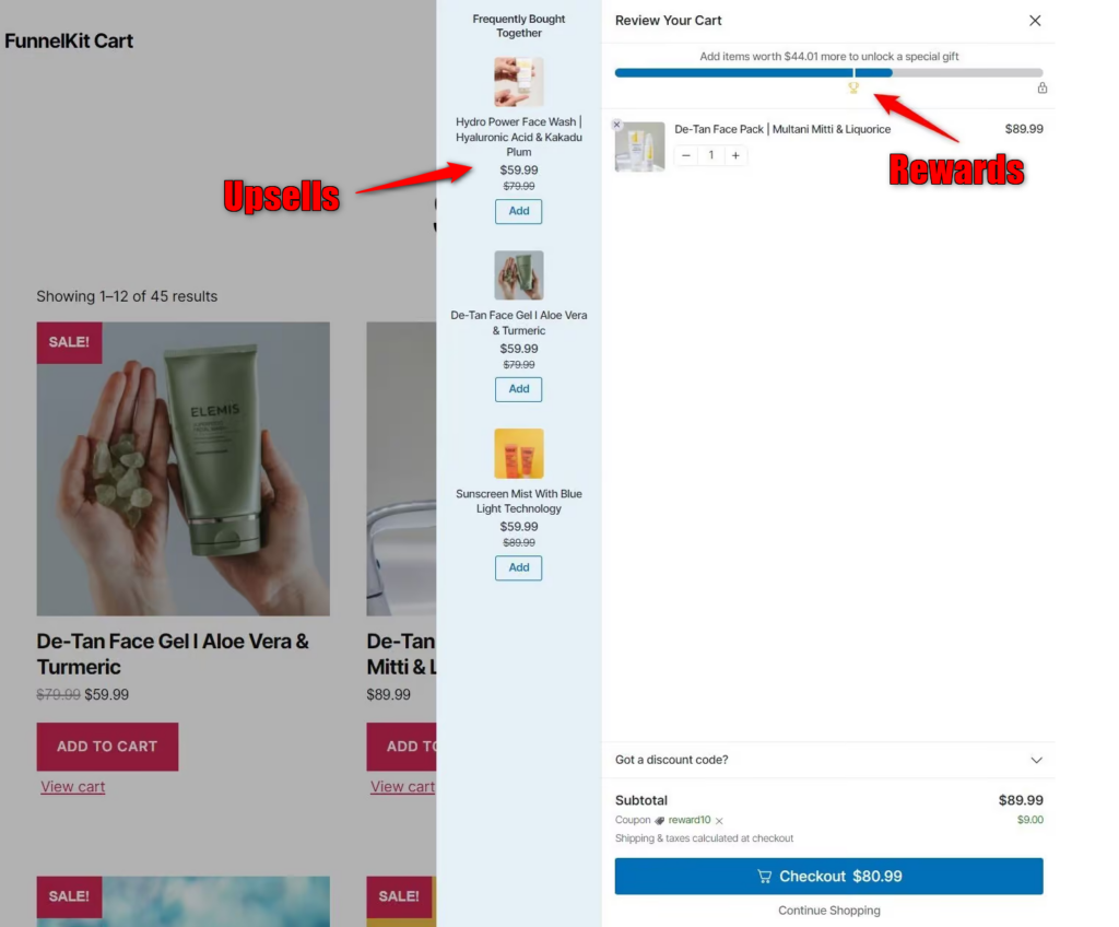 Set up rewards and upsell recommendations inside the shopping cart