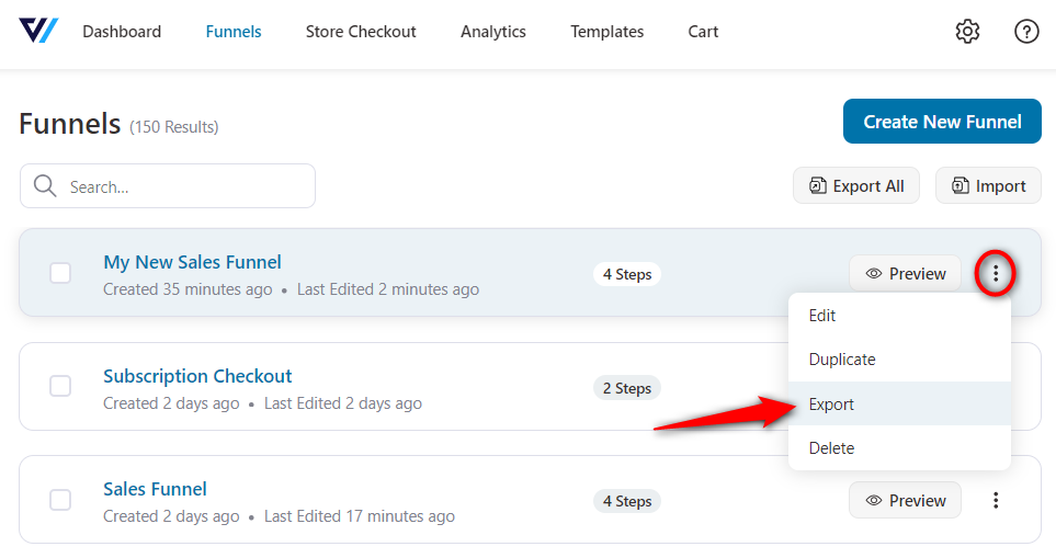 Click on the action button to export your funnel