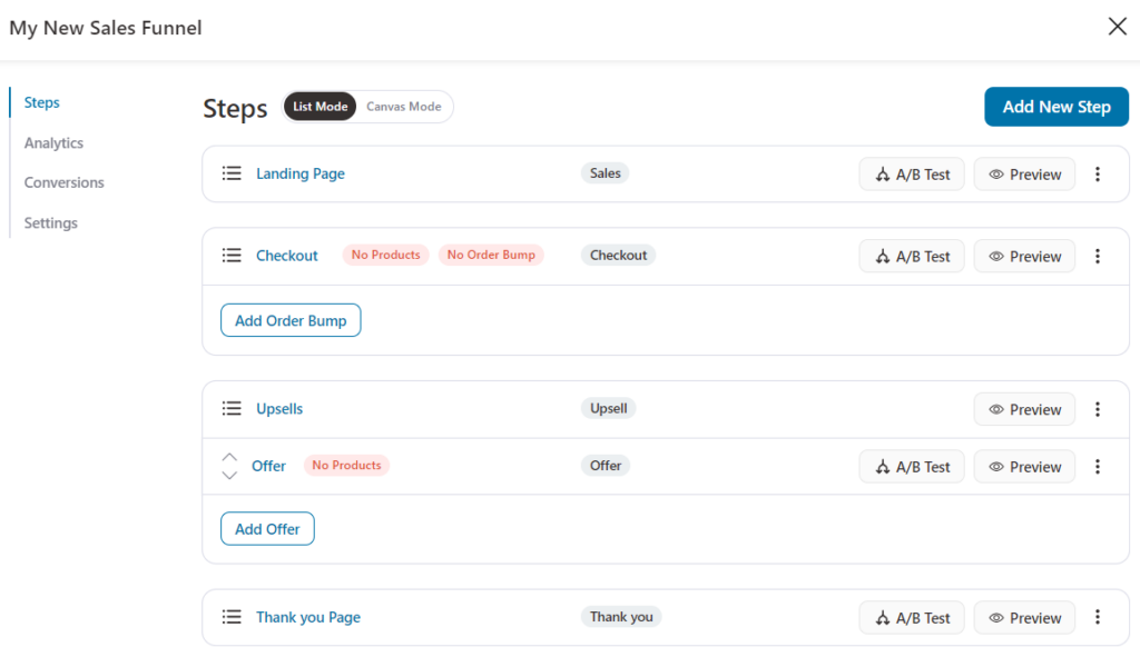 A sales funnels steps in the FunnelKit