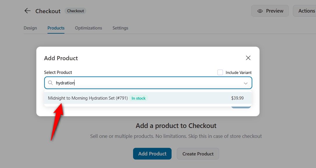 Filter and select the WooCommerce product you want to add to your checkout page