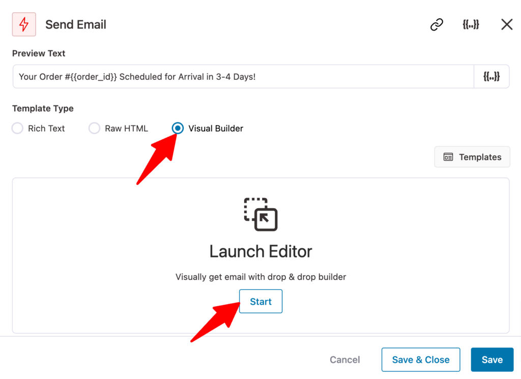 select visual builder to customize WooComemrce email