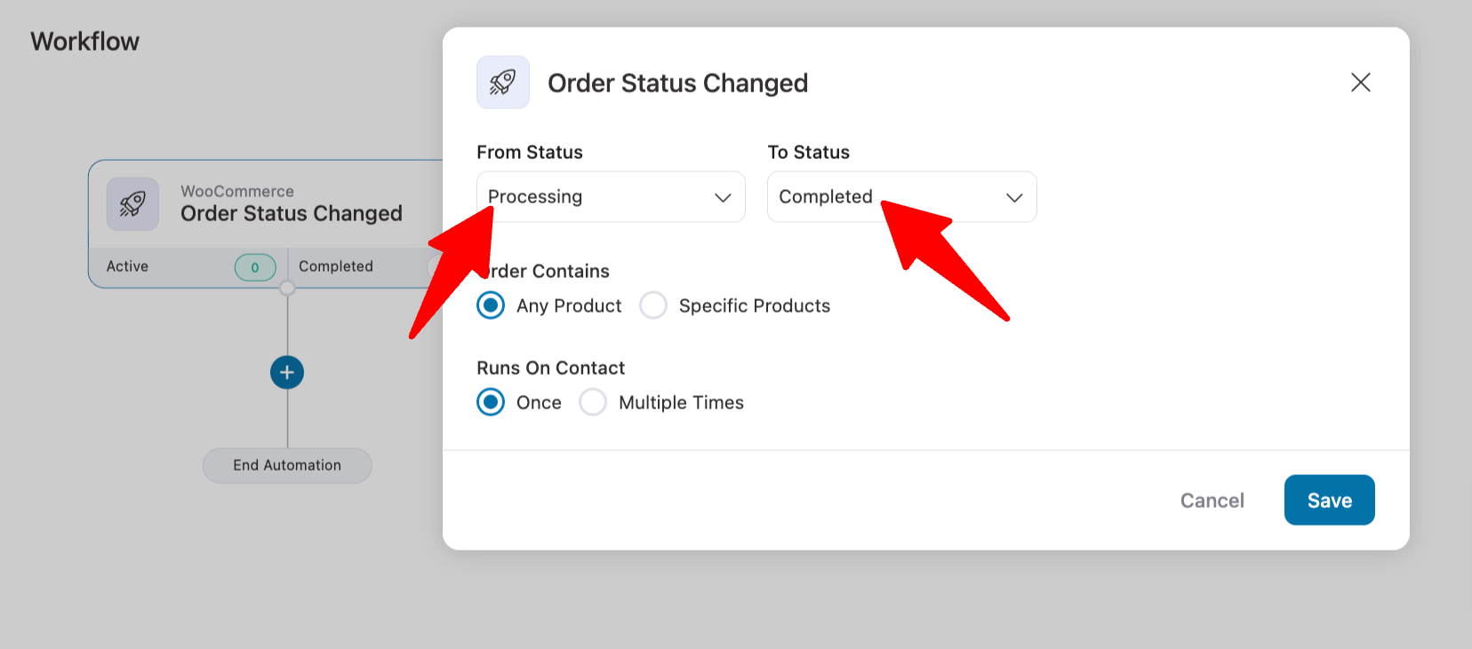 set event as order status changed from processing to completed