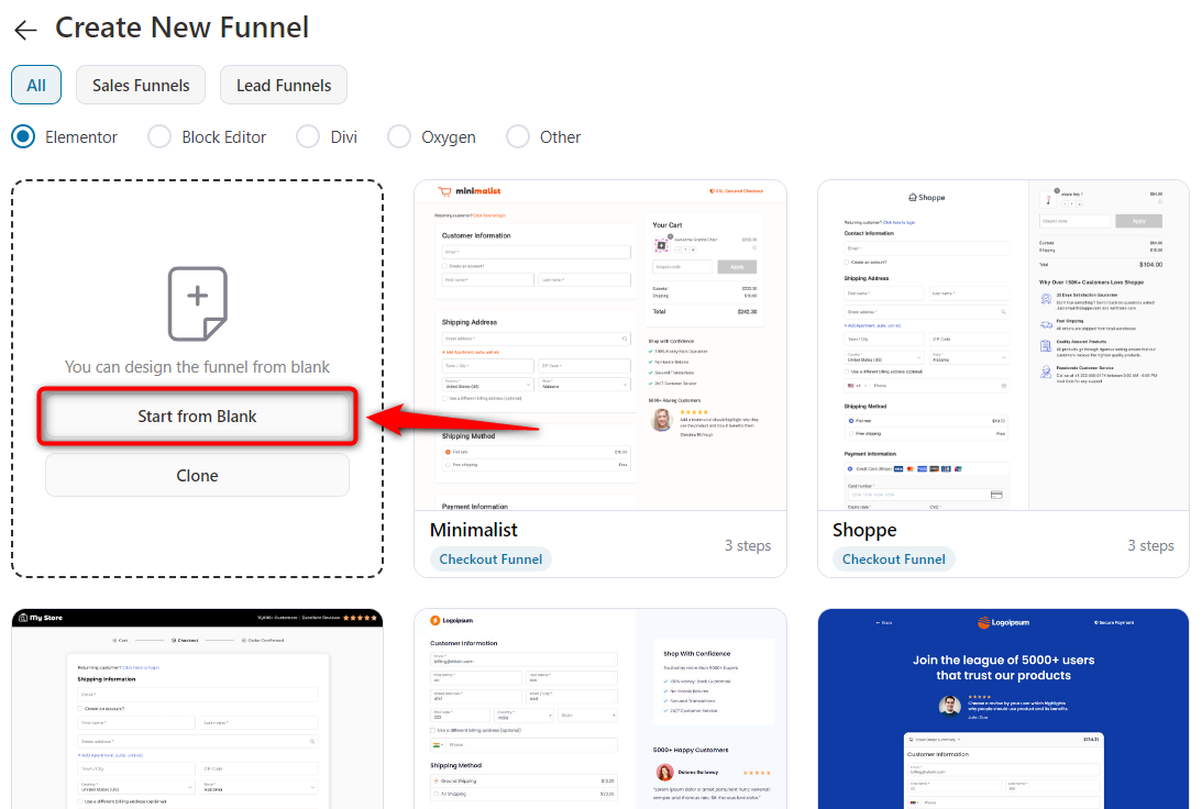 Start from blank sales funnel