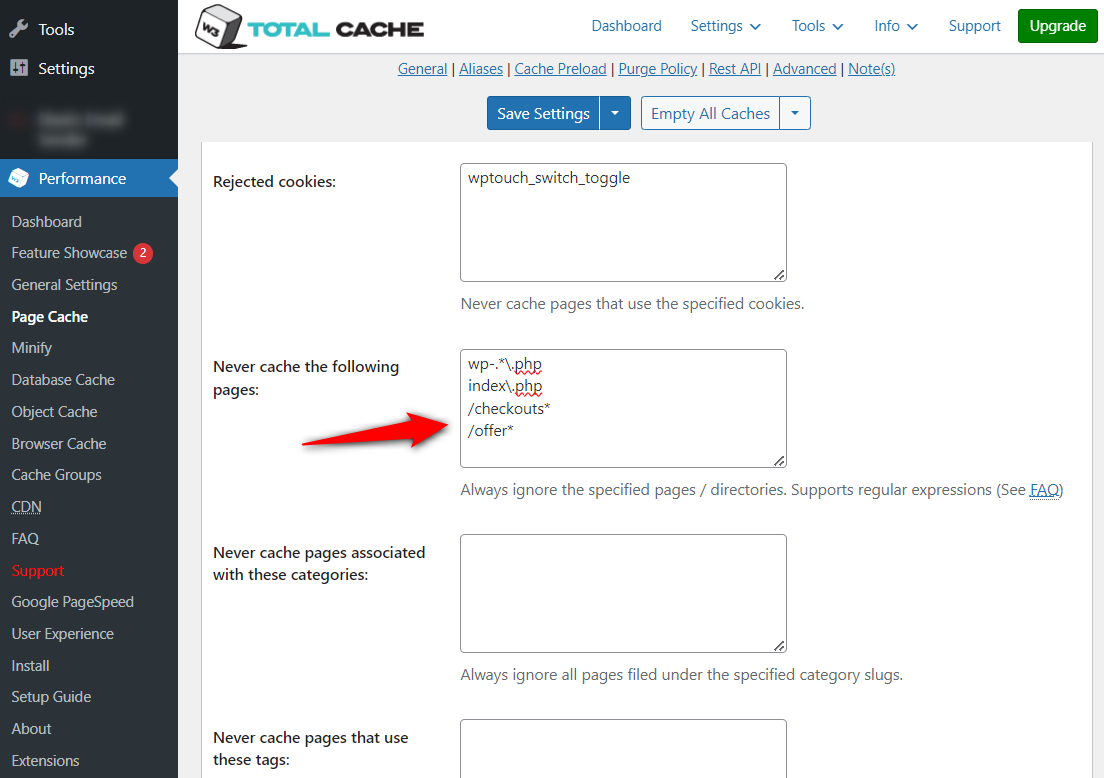 Go to never cache the following pages section and exclude the checkout and upsell url to set up woocommerce caching
