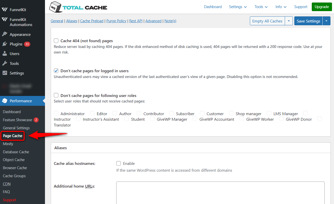 W3 total cache settings - page cache section
