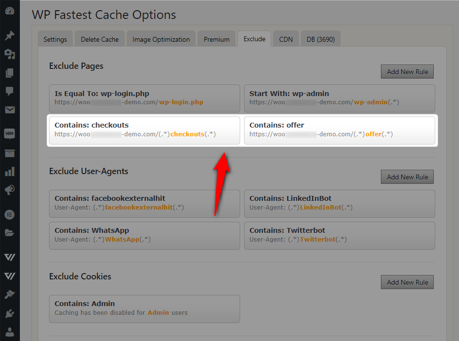 Exclude the FunnelKit checkout and upsell pages to set up woocommerce caching in WP Fastest Cache plugin