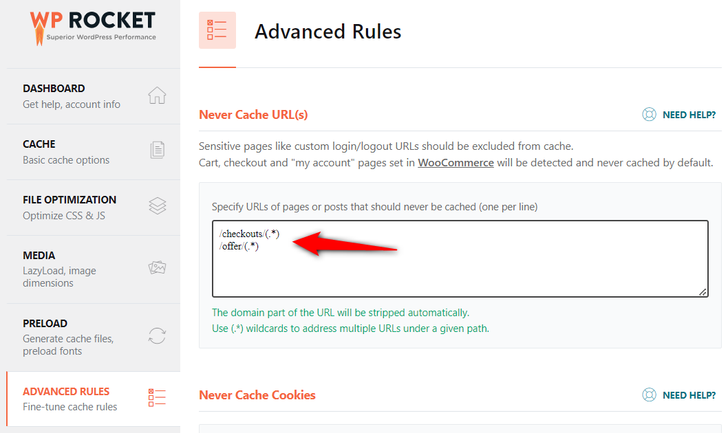 Go to advanced rules section and exclude the checkout and upsell url to set up woocommerce caching