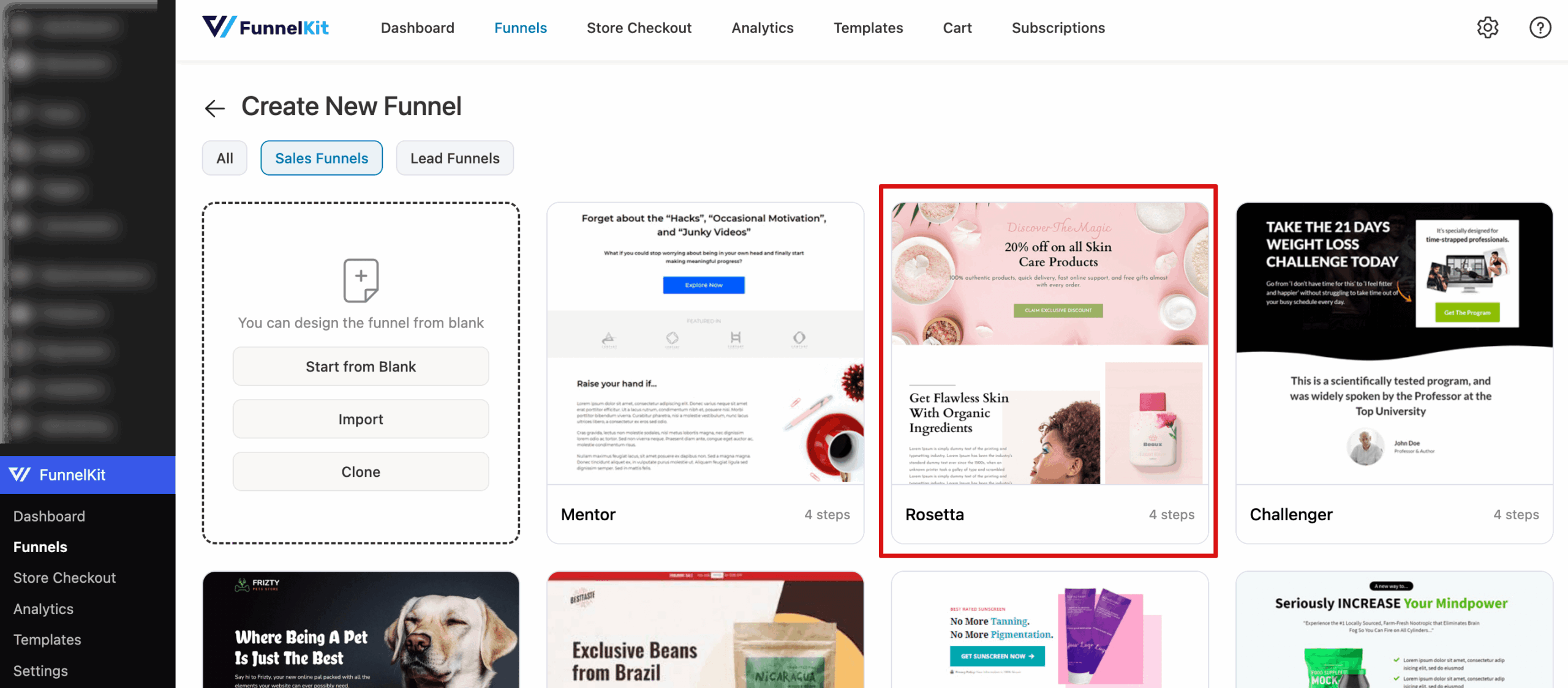 Select Rosetta template to create Elementor sales funnel