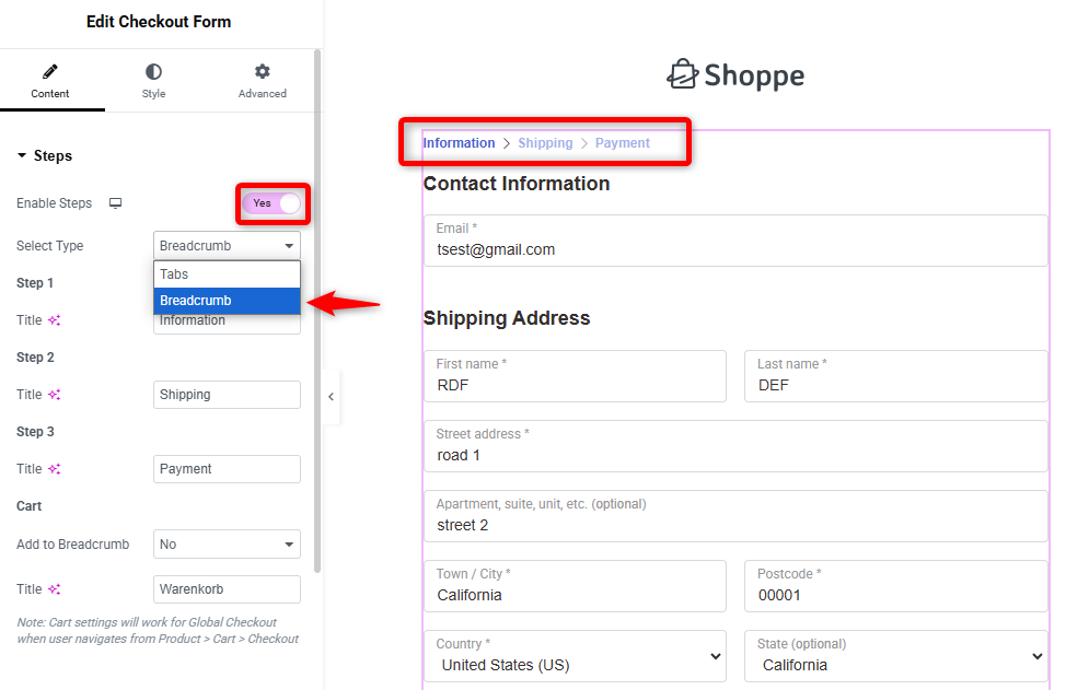 Steps in the checkout template