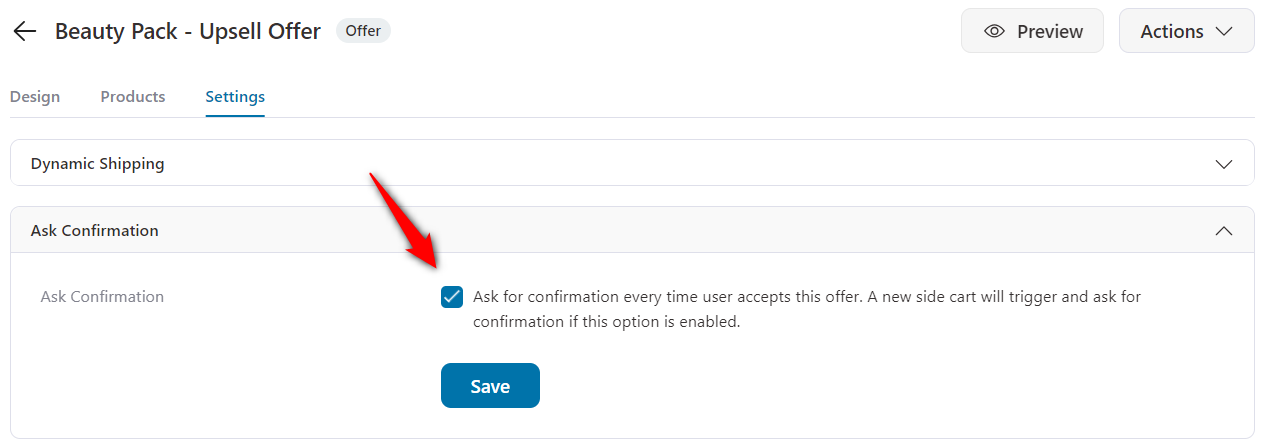 Ask confirmation - upsell settings