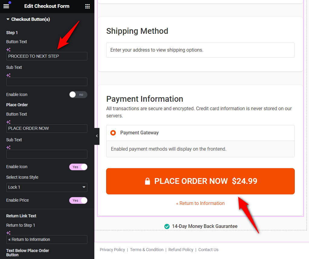Customize the content, enable price and icon of your woocommerce elementor checkout button