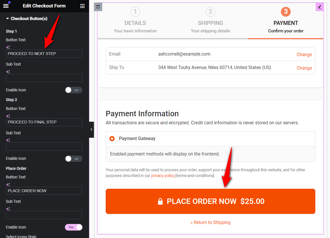 Customize woocommerce checkout page - edit the checkout button text, enable icon and prices on it.