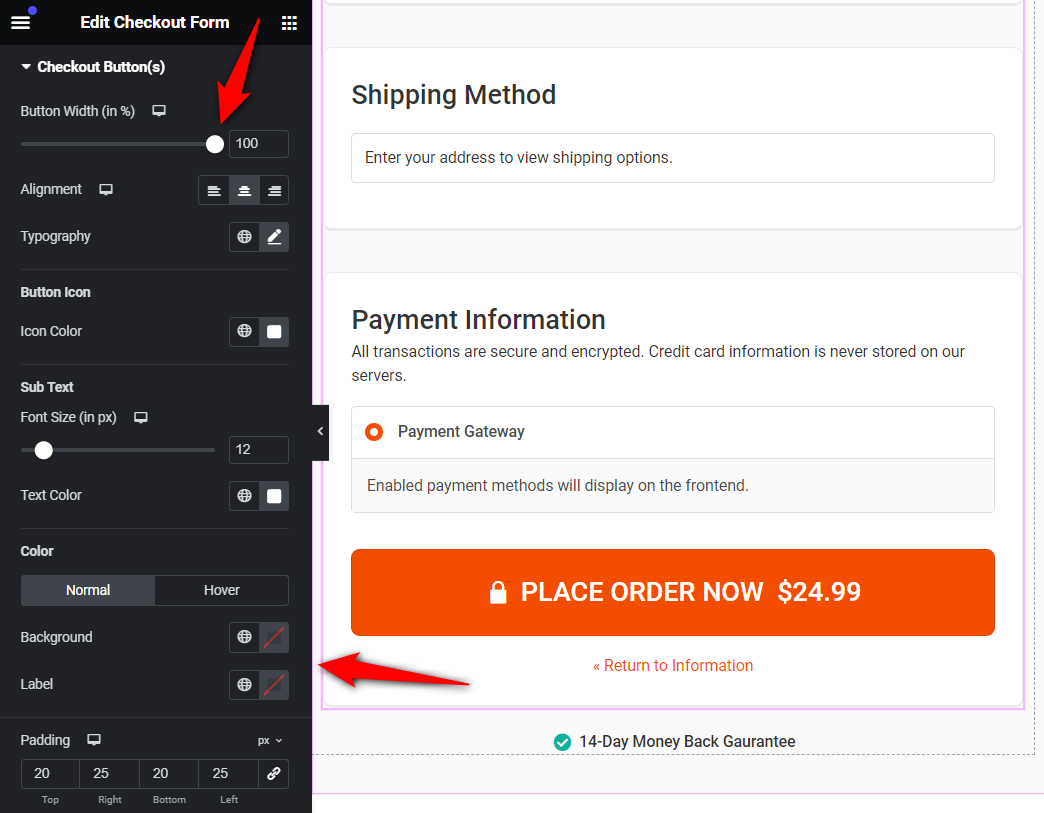 Customize the style of your woocommerce checkout button - modify the typography, color, padding, margin, background, etc.