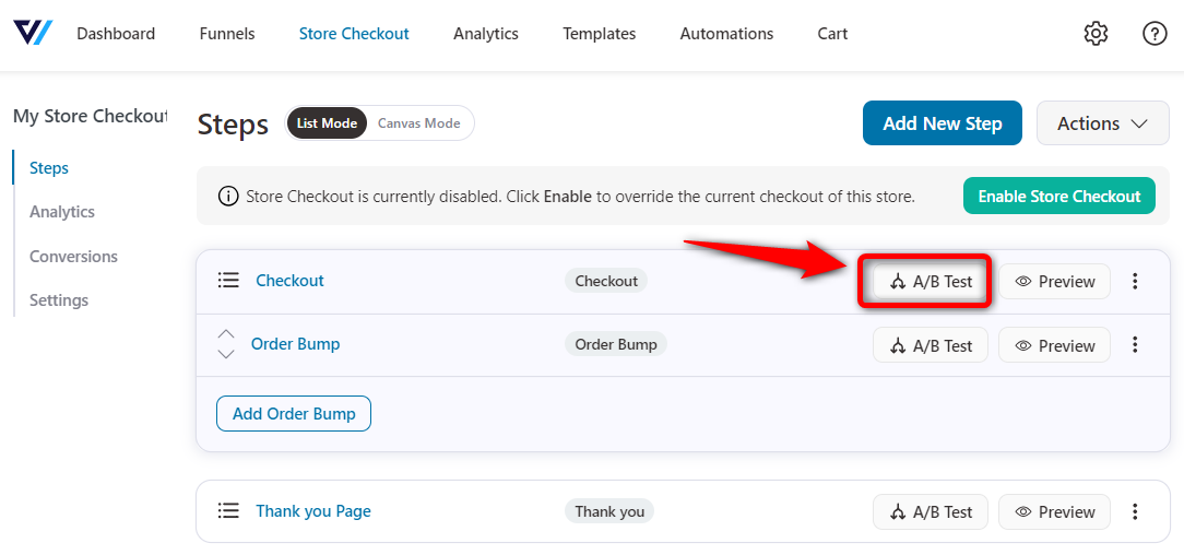 Click on A/B Test next to your WooCommerce multi step checkout page