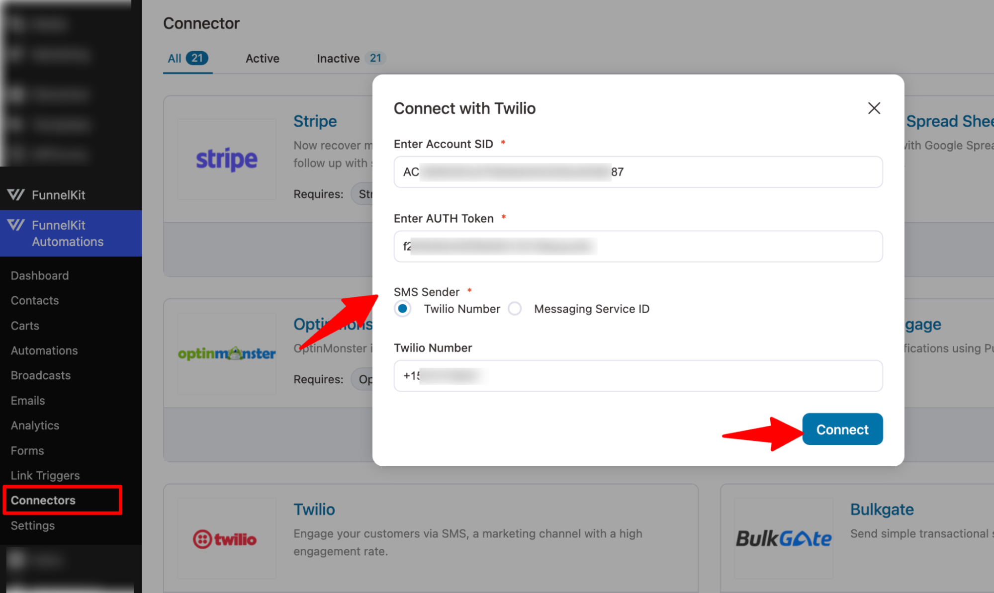 connect funnelkit automation with Twilio