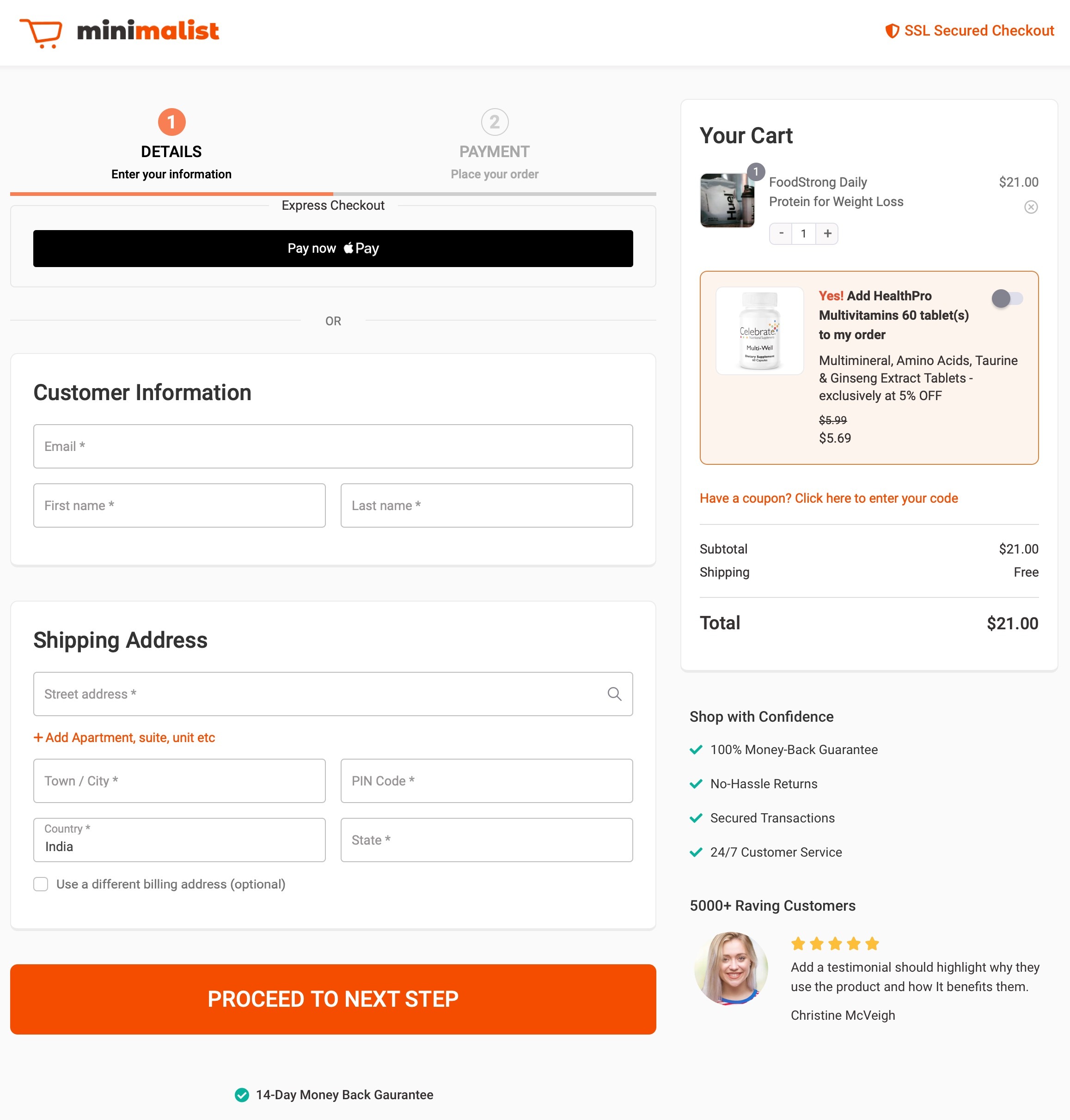 Optimized WooCommerce Checkout Page with edited checkout form fields
