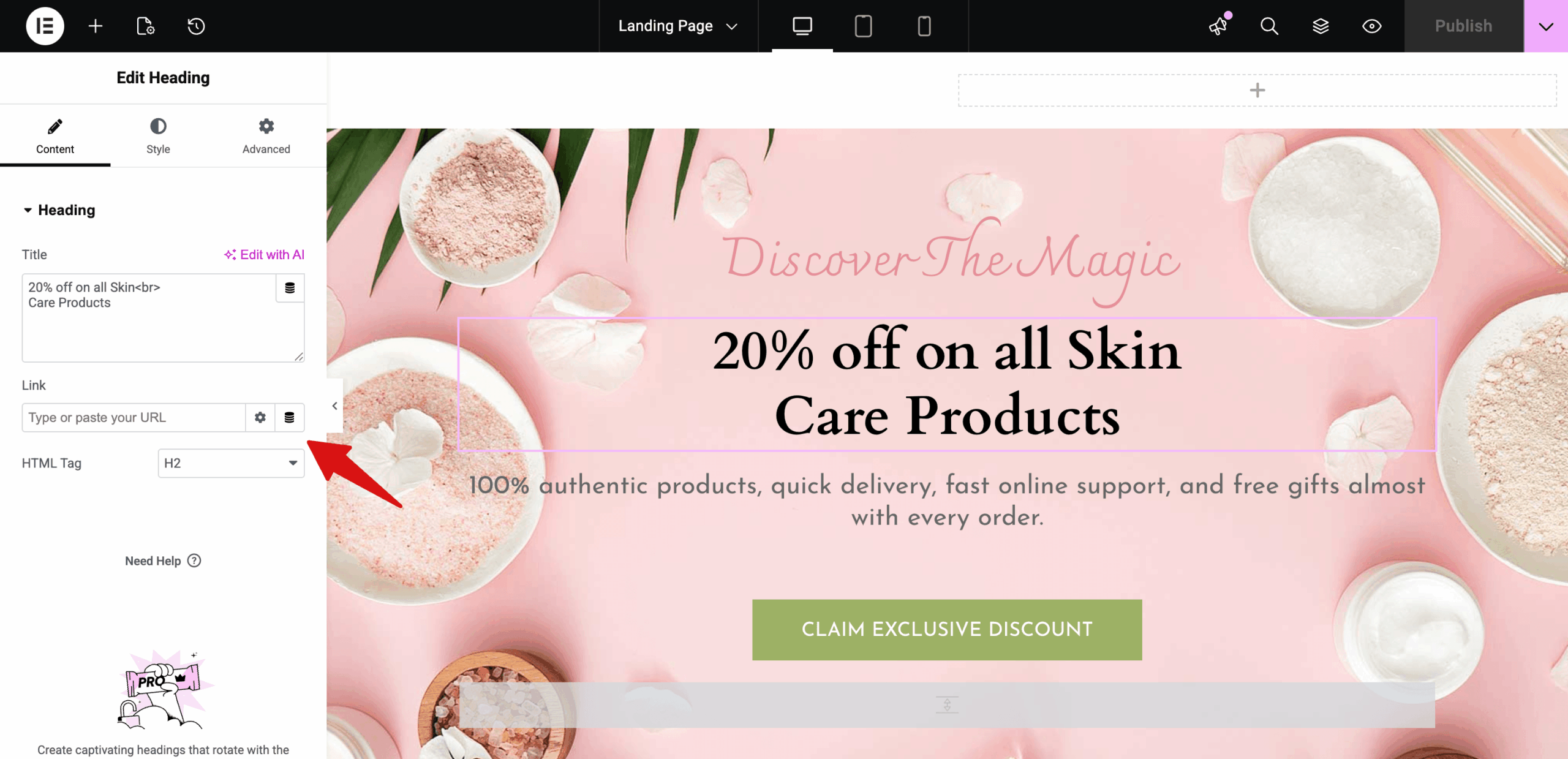 customize each section with elementor for the landing page 