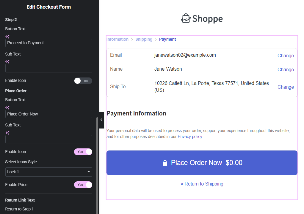 customize the checkout or place order button