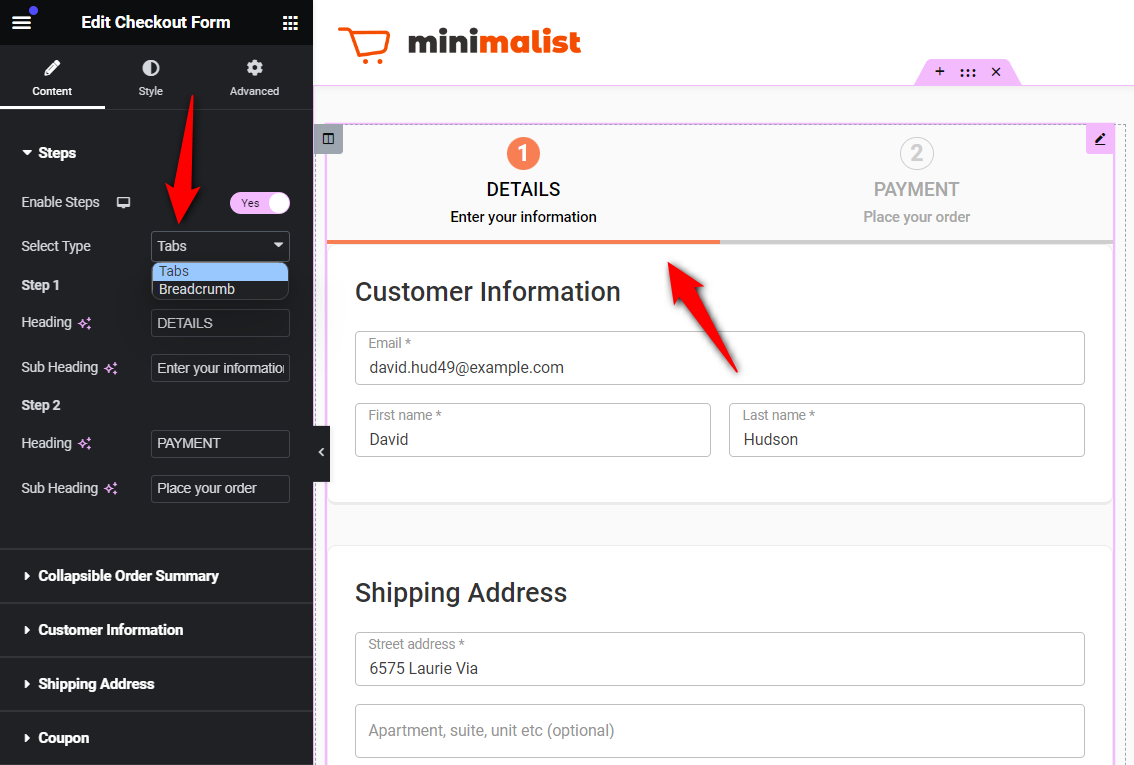 Enable the steps on your woocommerce checkout and choose tabs as the step type