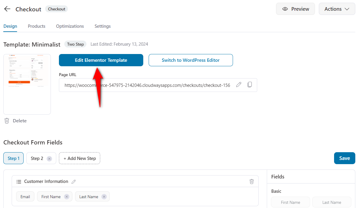 Click on Edit Elementor Template to customize your WooCommerce checkout with Elementor