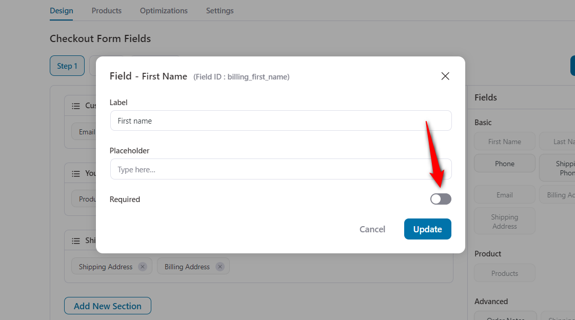 Set fields required or optional - FunnelKit