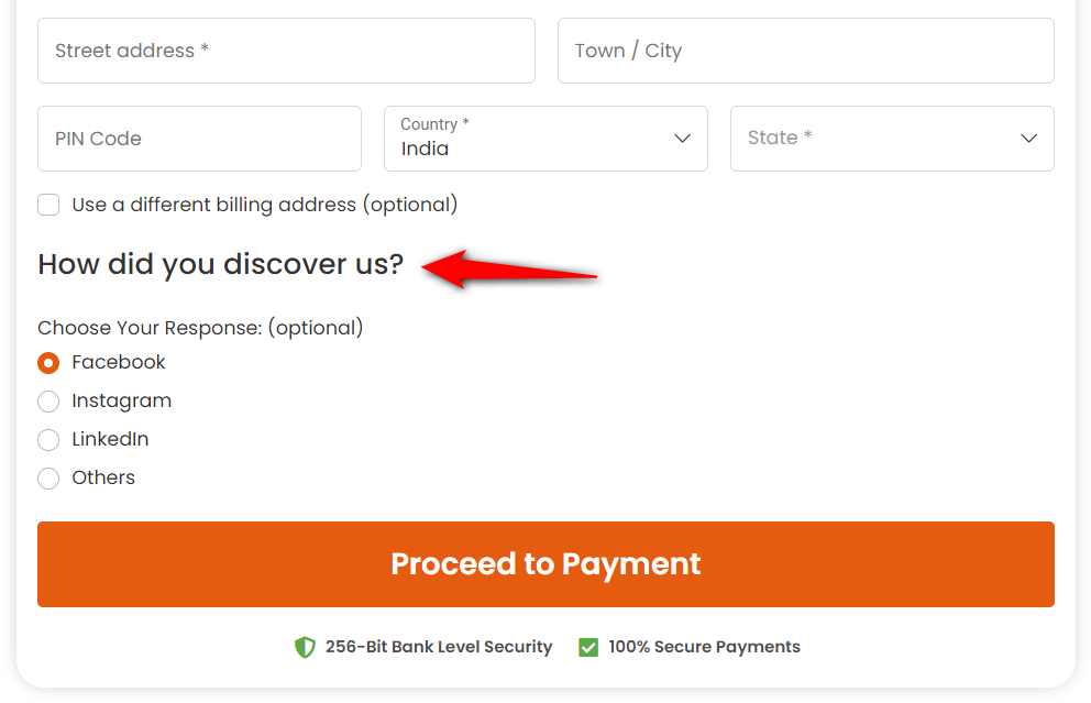 Preview of the custom field on the woocommerce checkout page