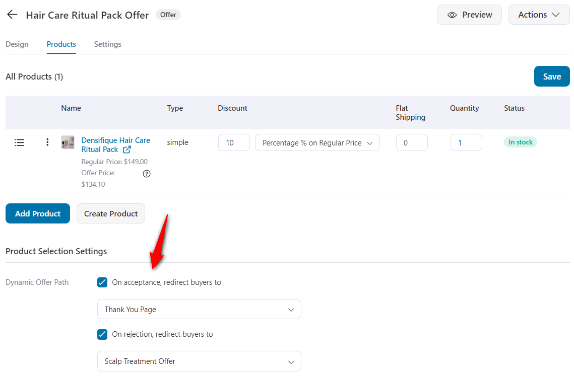 Specify the upsell and downsell in the Dynamic offer path option in FunnelKit 