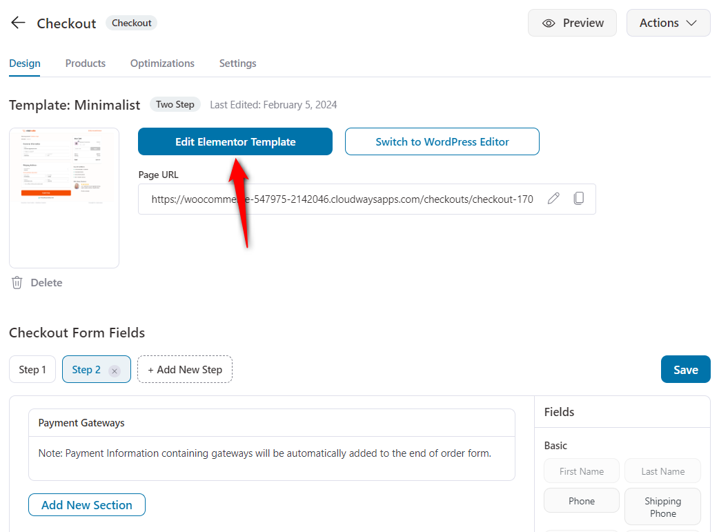 Click on 'Edit Template' to edit your checkout page with Elementor