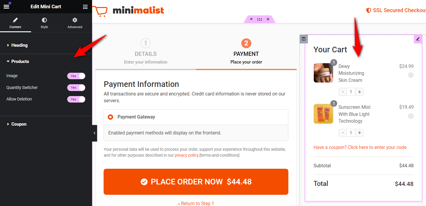 Customize the mini cart widget in woocommerce elementor checkout 