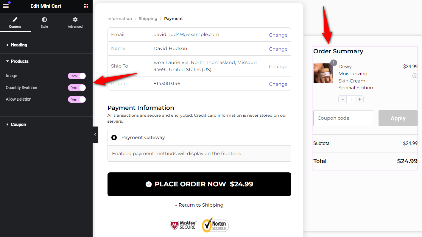 Customize the mini cart section on your woocommerce checkout template including the product image, quantity switcher and deletion options