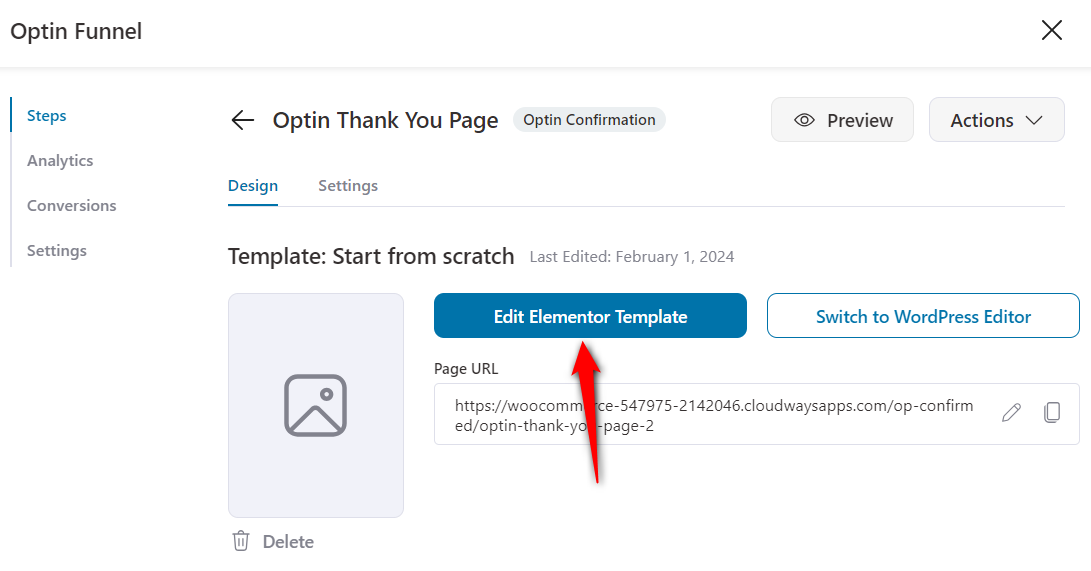 Click the Edit button to open up a new funnel page in Elementor.