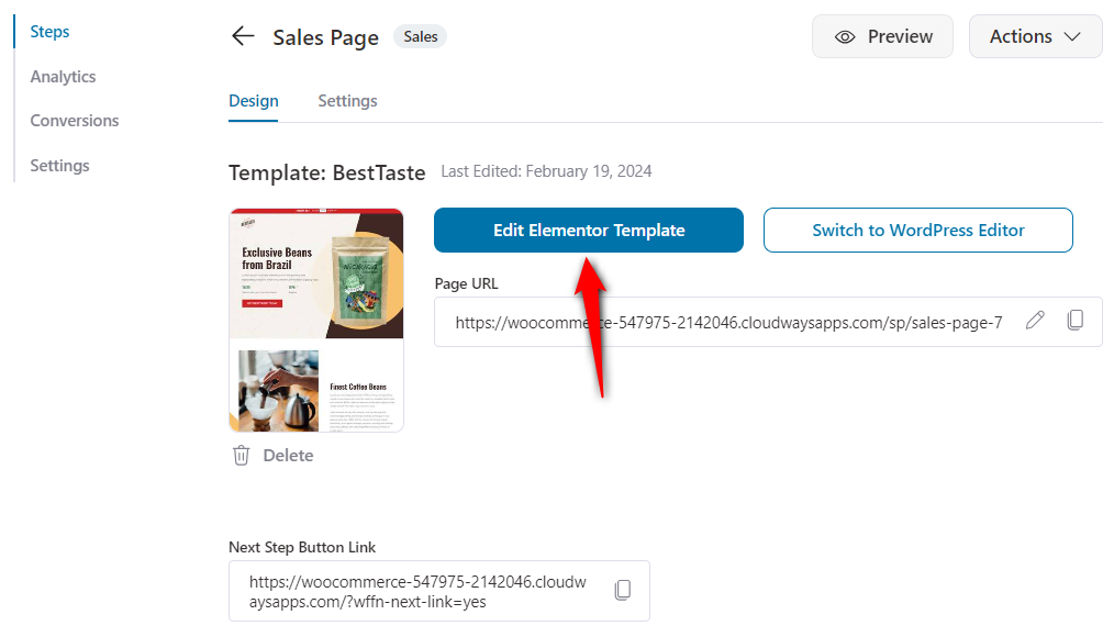 Edit the sales page template in elementor