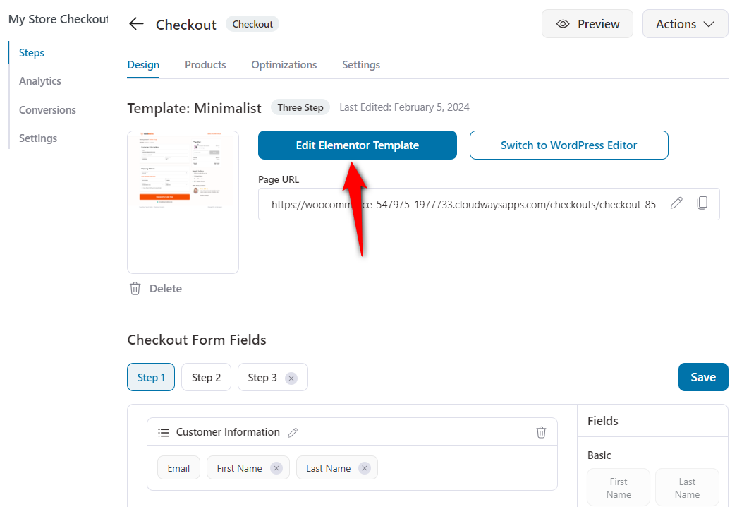 Click on edit elementor template to customize the design of your woocommerce checkout page