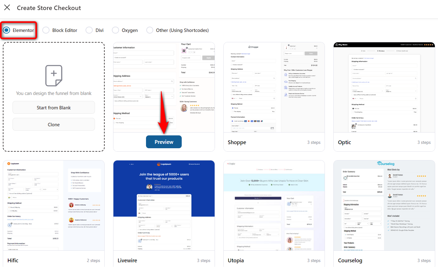 All the store WooCommerce elementor checkout templates available in FunnelKit