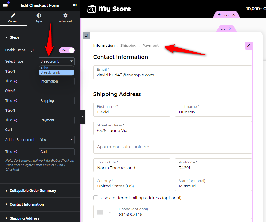 Enable woocommerce checkout template steps and style it as breadcrumb 