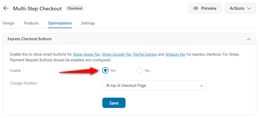 Enable express checkout buttons on the checkout page from the optimizations section inside the best woocommerce checkout manager