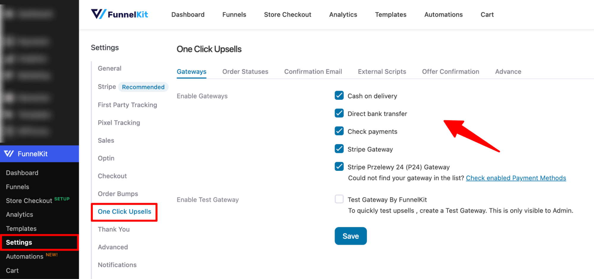 enable payment options for upsell and downsell