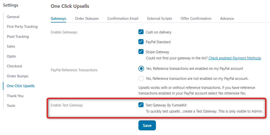 Enable test gateway by FunnelKit