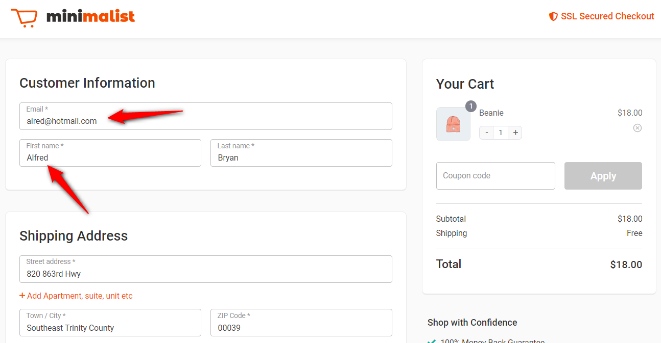 Email and name checkout form fields