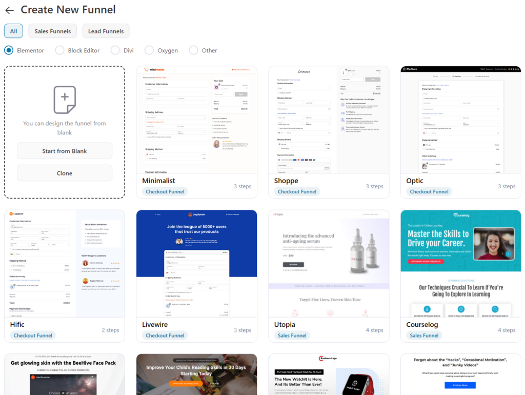 Funnel templates available in FunnelKit including order forms, digital products, physical products, and more