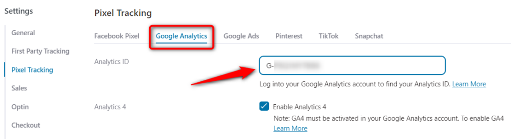 Navigate to FunnelKit settings - pixel tracking - google analytics
