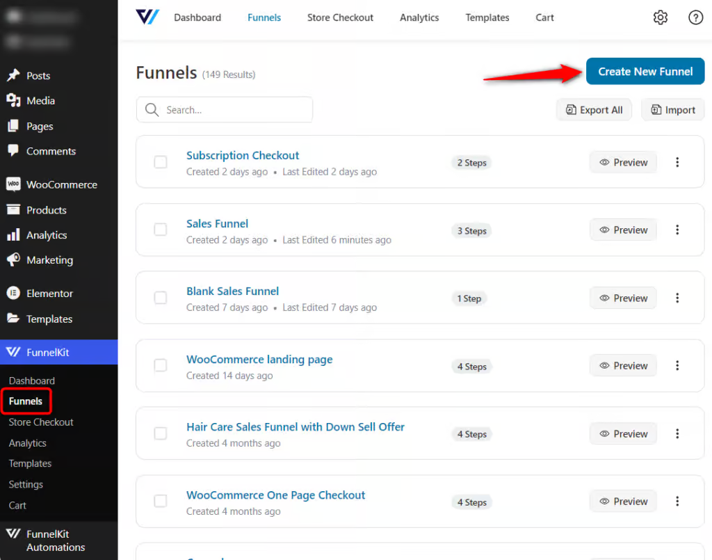 Click on the create new funnel button to Add a new funnel with woocommerce order form