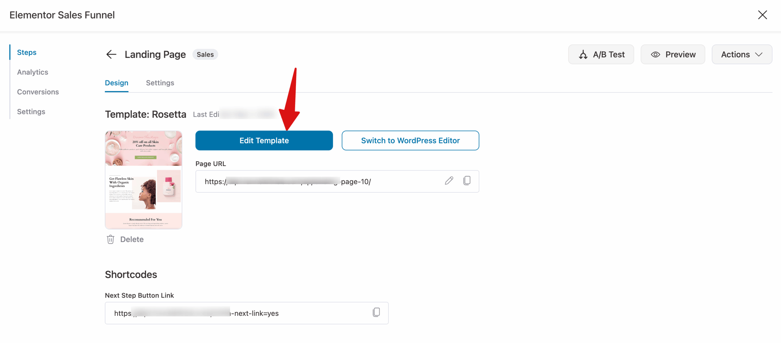 hit edit template to customize landing page content with Elementor