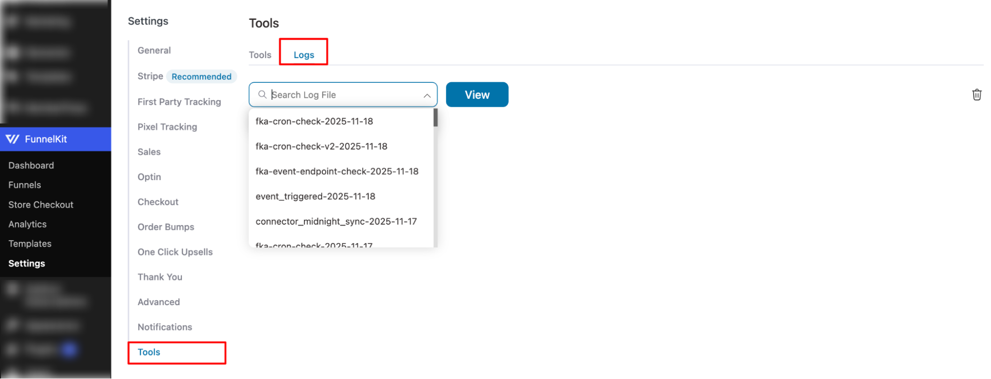 On the Logs tab, you can search, view, and delete log files.