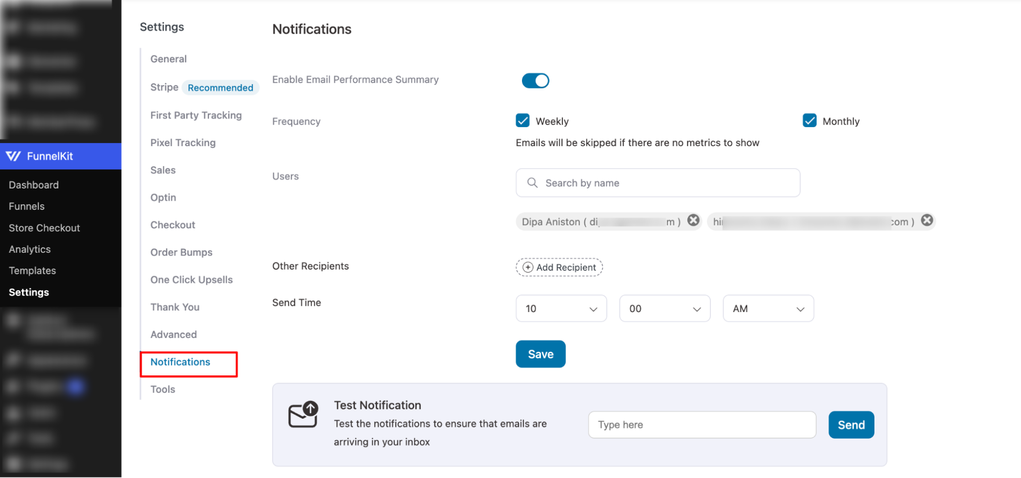 On the Notifications tab, you can configure the automatic performance notification