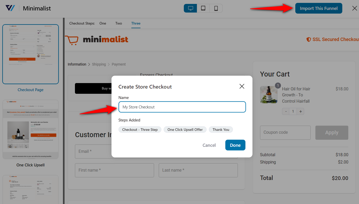 Name your store checkout and import the funnel template into your workspace
