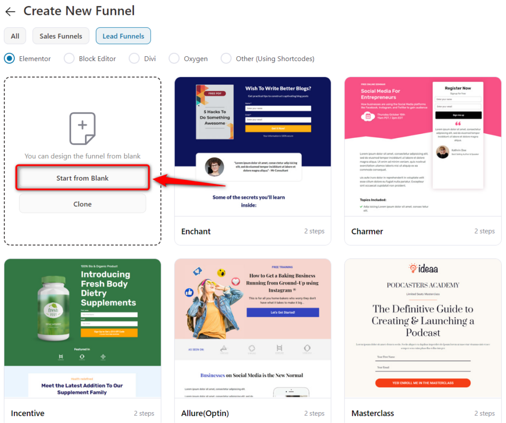 Choose start from blank optin funnel template