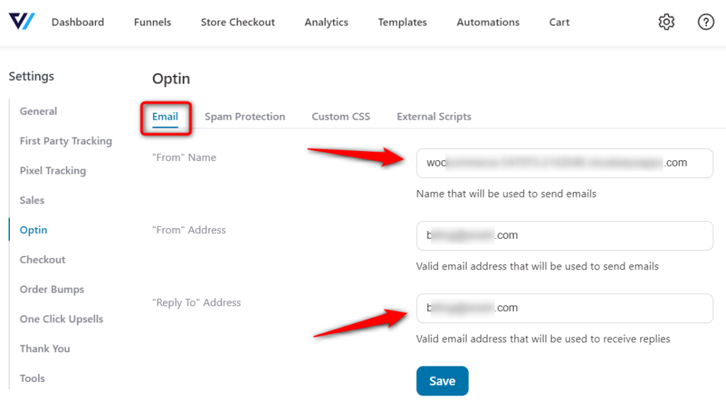 Email for global Optin Page settings