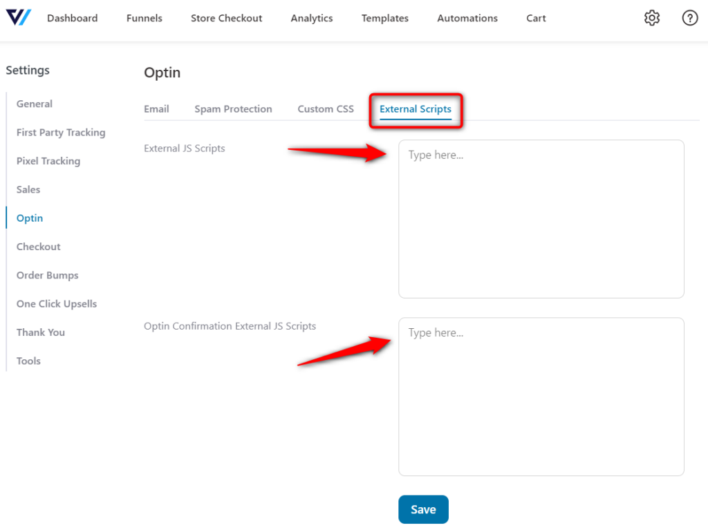 External Scripts for global Optin Page settings