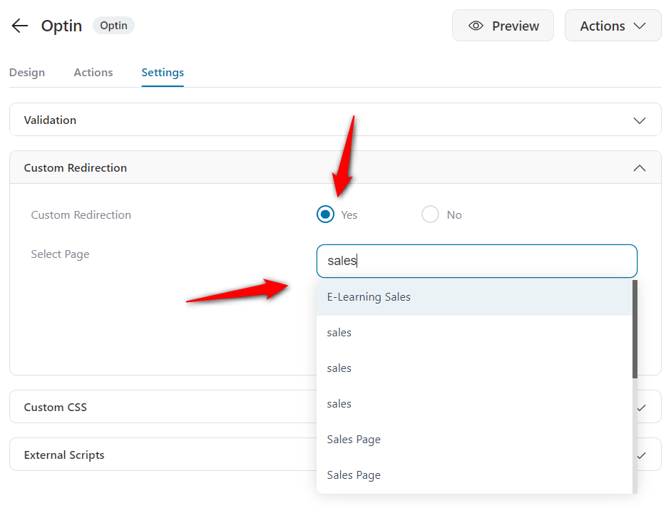 Custom Redirection settings